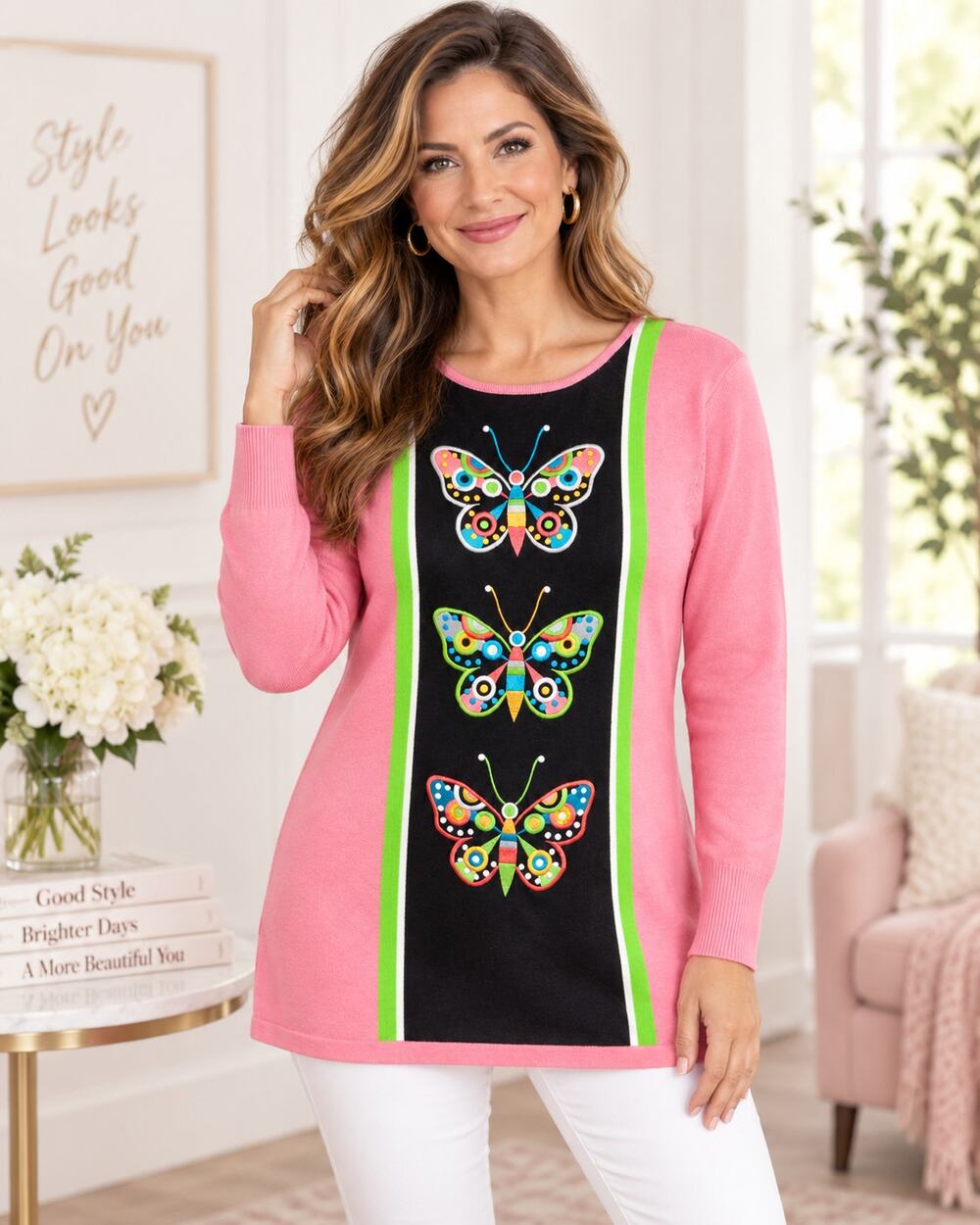 Bob Mackie Wearable Art Butterfly Sweater Pink Embroidered Women’s M